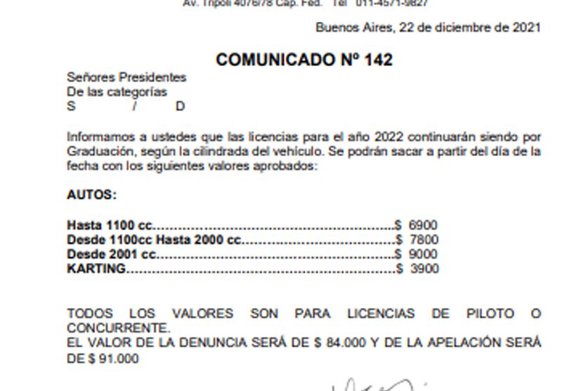 COMUNICADO Nº 142  FEDERACIÓN METROPOLITANA DE AUTOMOVILISMO DEPORTIVO