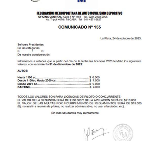 COMUNICADO 155 FEDERACION METROPOLITANA