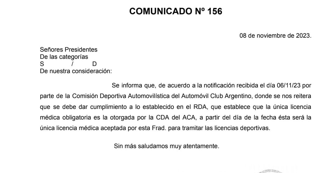 COMUNICADO 156 FEDERACION METROPOLITANA