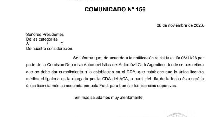 COMUNICADO 156 FEDERACION METROPOLITANA